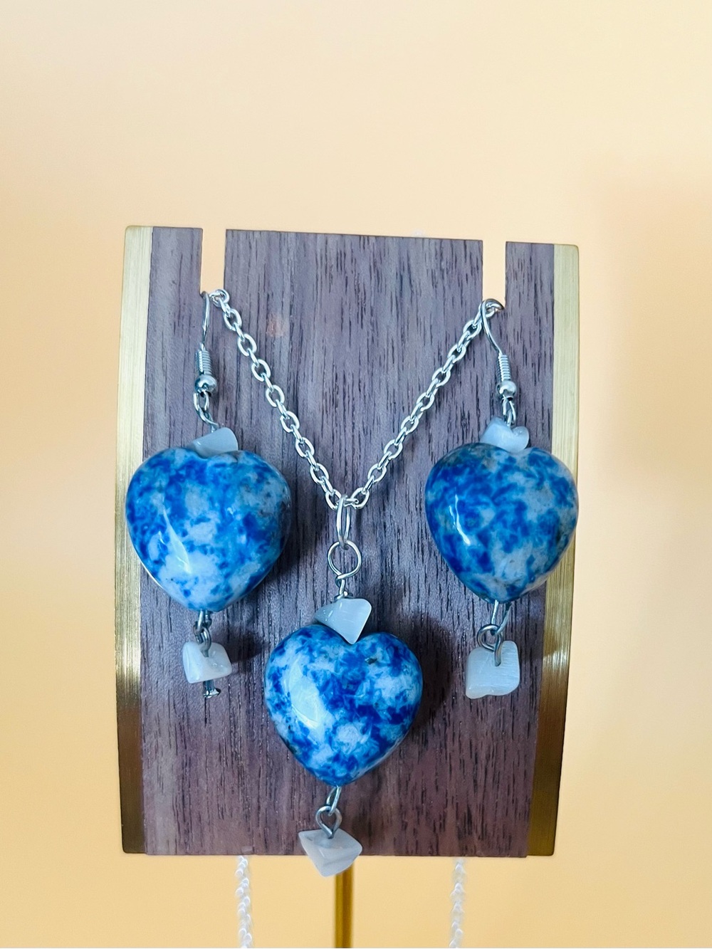 Blue Marbled Heart Pendant Necklace and Earrings Set